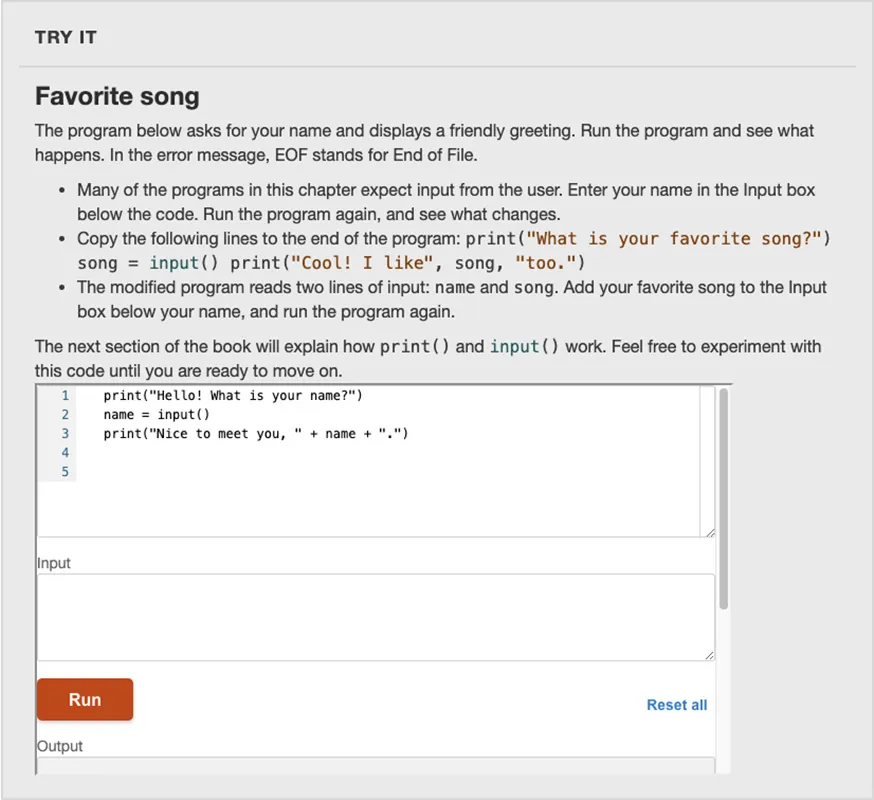 A screenshot shows a Try It box titled "Favorite song". Instructions are provided, followed by a box to input code and run the program.