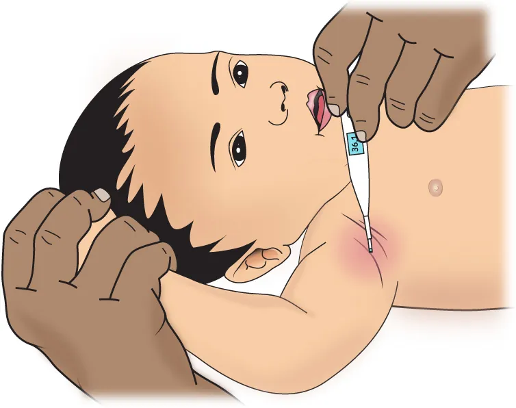 Image of thermometer being placed in infant’s armpit.
