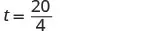 A mathematical equation is displayed on a white background, which reads 't = 20/4'.