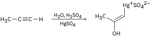 A C3 alkyne reacts with water, sulfuric acid, and mercuric sulfate to form a C3 ionic organomercury enol sulfate  intermediate.