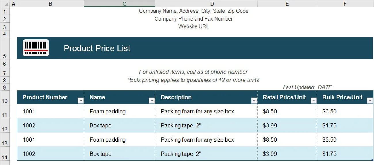 A customizable spreadsheet is shown. Columns and rows offer example of information placement as well as style, fonts, colors, and organization.