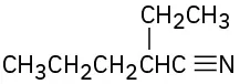 A structure of 2-ethyl-1-pentanenitrile where an ethyl group is bonded to C 2 and carbon triple bonded to nitrogen is present.
