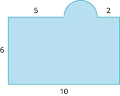 A geometric shape is shown. It is a rectangle attached to a semi-circle. The base of the rectangle is labeled 10, the height is 6. The portion of the rectangle on the left of the semi-circle is labeled 5, the portion on the right is labeled 2.