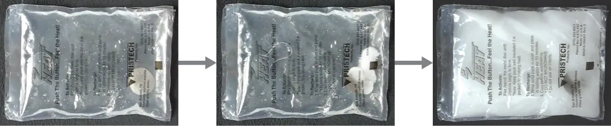 A series of three photos is shown. There are two right-facing arrows connecting one photo to the next. The first photo shows a chemical hand warmer. It is a bag that contains a clear, colorless liquid. There is a white disk located to the right inside the bag. The second photo shows the same thing, except the white disc has become a white, cloudy substance. The third photo shows the entire bag filled with this white substance.