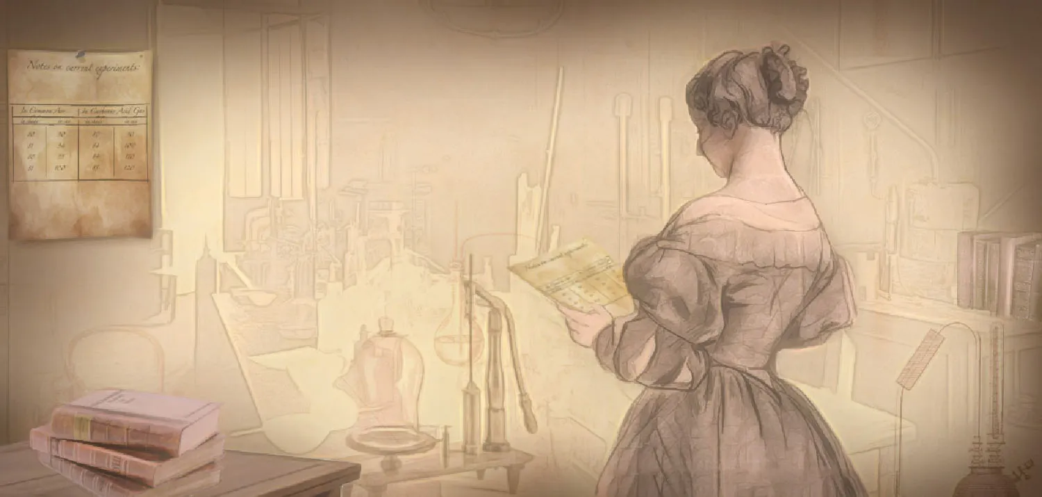 A drawing of a person standing while holding a paper on which appear to be data tables. In the background are various instruments including flasks and pumps.