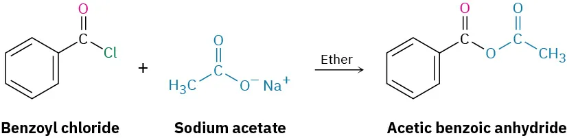 Benzoyl chloride reacts with sodium acetate in ether, forming acetic benzoic anhydride. In the product structure, a benzoyl group and an acetyl group are single-bonded to an oxygen atom.