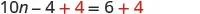 A mathematical equation, '10n - 4 + 4 = 6 + 4', demonstrating the addition property of equality where '+4' is added to both sides of the equation, highlighted in red.