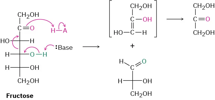 The reaction shows the conversion of fructose (six-carbon chain) in the presence of a base to form a ketone and aldehyde, both containing a vertical three-carbon chain.