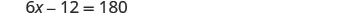 A mathematical equation is displayed on a white background: 6x - 12 = 180. The text is in a dark gray, sans-serif font.