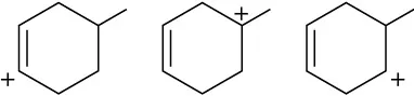 The structure of three 4-methylcyclohexene carbocations with positive charges at C 1, C 4, and C 5.