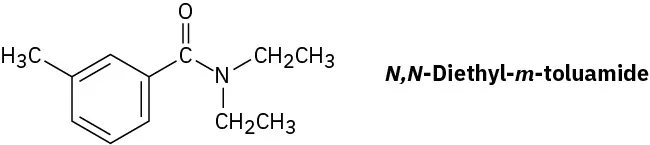 The structure of N, N-diethyl-m-toluamide comrpises of a benzene ring with a carbonyl carbon attached and a methyl group in the meta position. The carbonyl group is also attached to a diethylamine group.