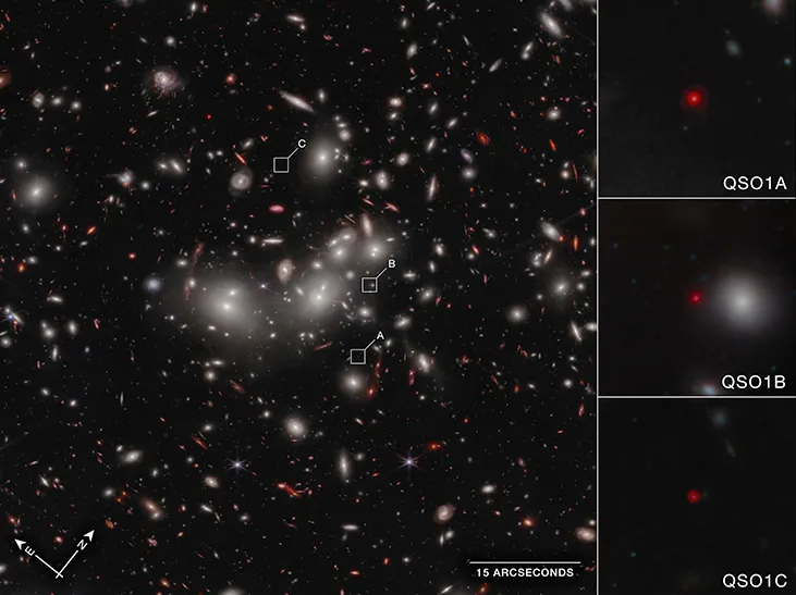 Image of galaxy cluster Abell 2744. Several large, bright elliptical galaxies dominate this cluster of galaxies, which is massive enough to act as a gravitational lens to brighten and magnify the images of nearly 3000 distant background galaxies.