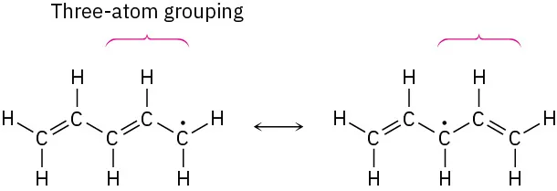 Two resonance forms of pentadienyl radical, featuring an unpaired electron on the right-most carbon atom in one case and the central carbon atom in the next, separated by a double-headed arrow.