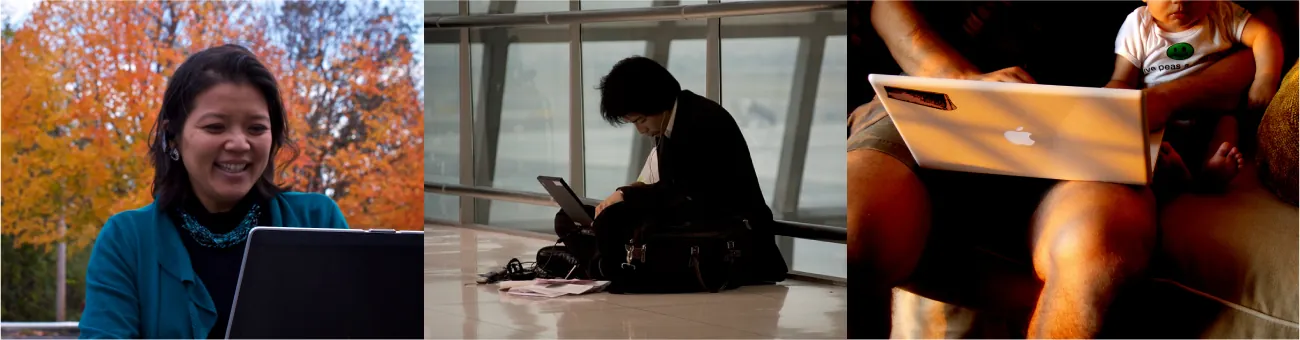 Photographs show a person sitting outdoors with a laptop, a person sitting on the floor with a laptop, and a person sitting on the couch with a small child and a laptop.