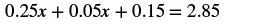 A mathematical equation is presented, reading '0.25x + 0.05x + 0.15 = 2.85' against a white background.