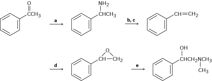 Acetophenone reacts with a to form 1-phenylethanamine. This reacts with b and c to form styrene. This reacts with d to form 2-phenyloxirane. This reacts with e to form 2-(dimethylamino)-1-phenylethanol.