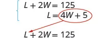 Solving a system of equations by substitution, with L = 4W + 5 highlighted for insertion into L + 2W = 125, as indicated by the red circle and arrow.