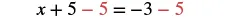 A mathematical equation is displayed on a white background: x + 5 - 5 = -3 - 5. The two '5's on the left side are in black, while the '-5' after the 'x+5' and the '-5' after the '-3' are in red.