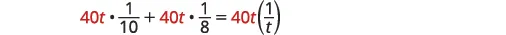 A mathematical equation is displayed on a white background, showing 40t multiplied by 1/10, added to 40t multiplied by 1/8, which equals 40t multiplied by 1/t.