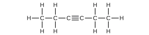 Esta figura muestra una cadena de hidrocarburos con una longitud de seis átomos de C. El primer átomo de C tiene tres átomos de H enlazados, y también está enlazado a un segundo átomo de C. El segundo átomo de C tiene un átomo de H enlazado por encima y por debajo. También está enlazado a un tercer átomo de C. El tercer átomo de C forma un triple enlace con un cuarto átomo de C. El cuarto átomo de C forma un enlace simple con un quinto átomo de C que tiene dos átomos de H enlazados por encima y por debajo. El sexto átomo de C tiene tres átomos de H enlazados.
