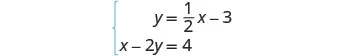 A system of two linear equations is shown: y = (1/2)x - 3 and x - 2y = 4. These parallel lines have no solution, as they share the same slope but different y-intercepts.