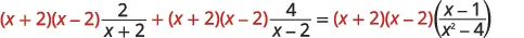An algebraic equation with rational expressions. Each term is multiplied by the common factor (x+2)(x-2), aiming to clear the denominators before solving for x.