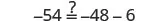 A math problem shows '-54 ?= -48 - 6' asking to fill in the correct comparison operator. The right side simplifies to -54, meaning the question mark should be an equals sign.