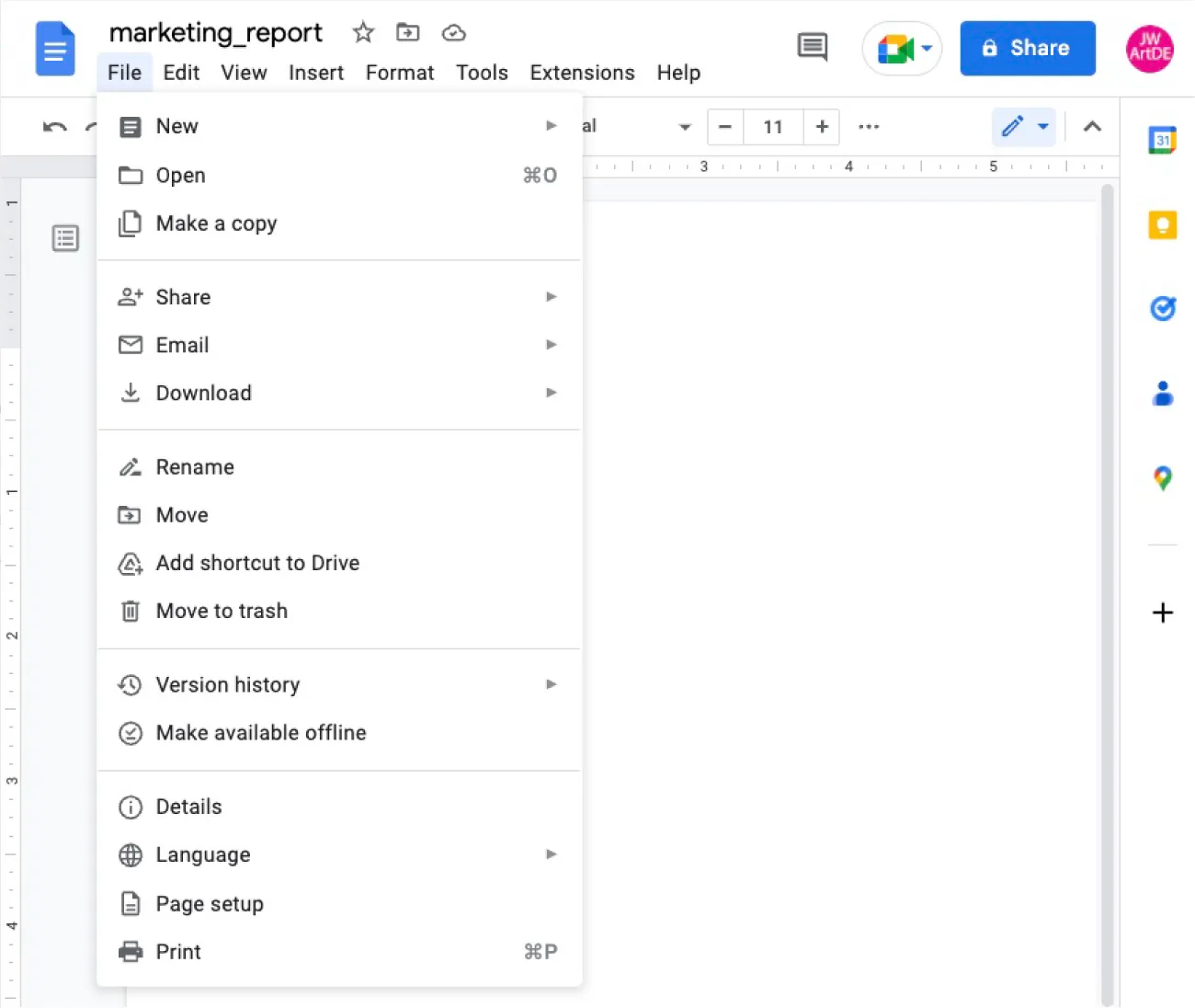 File displays these options: New, Open, Make a copy, Share, Email, Download, Rename, Move, Add shortcut to Drive, Move to trash, Version history, Make available offline, Details, Language, Page setup, and Print.