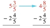 An image demonstrating the regrouping process in mixed number subtraction, converting 5 3/5 to 4 8/5 to enable subtraction when the minuend's fraction is smaller.