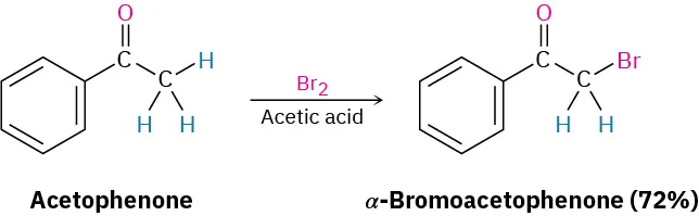 Acetophenone reacts with bromine in acetic acid to form alpha-bromoacetophenone in 72 percent yield.