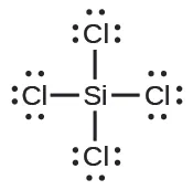 A Lewis structure shows a silicon atom that is single bonded to four chlorine atoms. Each chlorine atom has three lone pairs of electrons.