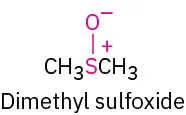 The chemical structure of dimethyl sulfoxide where a positive and a negative charge is placed on sulphur and oxygen, respectively.