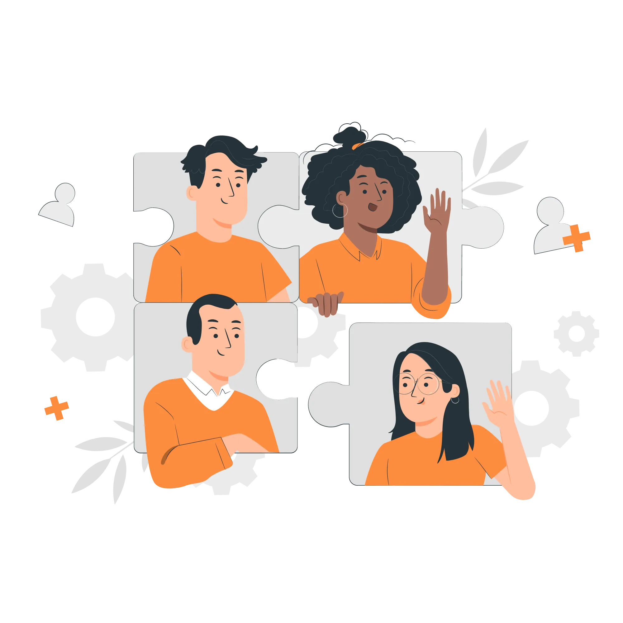 Illustration of four diverse people, each inside a puzzle piece, interacting and waving. Various gears, leaves, and small icons surround them, representing teamwork and collaboration.