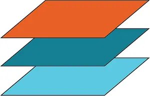 Three distinct colored layers (orange, teal, light blue) stacked one above the other, illustrating a multi-layered structure or concept.
