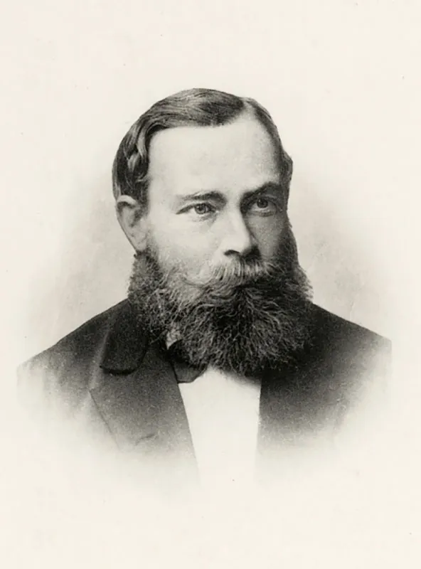 A black and white portrait from 1879 shows the 30 year old German mathematician and philosopher Friedrich Ludwig Gottlob Frege with a full beard and mustache.