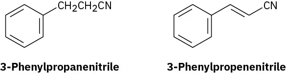 The structures of 3-phenylpropanenitrile and 3-phenylpropenenitrile.