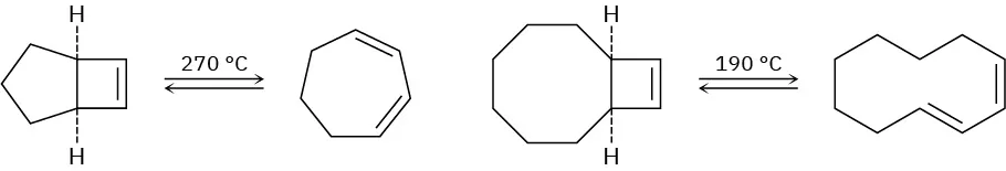 Cyclobutene linked to cyclopentane reacts at 270 degree Celsius to form 1,3-cycloheptadiene. Cyclooctane fused to cyclobutene reacts at 190 degree Celsius to form cyclodecadiene.