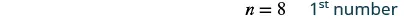 The text 'n = 8 1st number' is displayed on a white background, indicating a variable assignment and its sequence.