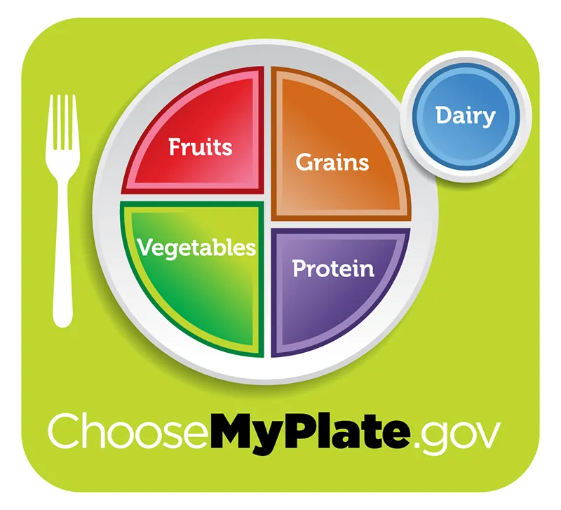Healthy diet logo shows a plate divided into four sections, labeled “fruits”, “vegetables” “grains,” and “protein”.  The vegetables and grains sections are larger than the other two. A circle to the side of the plate is labeled “dairy”. Beneath the plate is the web address “Choose My Plate dot gov”.