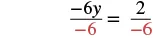 The equation -6y/-6 = 2/-6 is presented, illustrating division by a negative number in red.