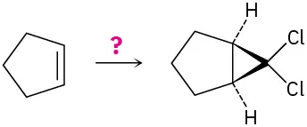 Cyclopentene reacts with unknown reagent(s), depicted by a question mark, to form cyclopentane fused to cyclopropane, in which C1 is bonded to two chlorine atoms.