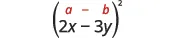 A mathematical expression featuring a column vector, represented by (a - b) over (2x - 3y) enclosed in large parentheses, all raised to the power of 2. The variables 'a' and 'b' are highlighted in red.