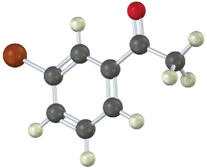A ball-and-stick model of benzyl ketone with a bromo group. Carbon, hydrogen, carbonyl group, and bromine group are indicated using grey, white, red, and reddish brown spheres.