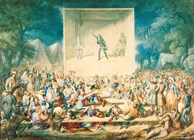 An engraving depicts a Methodist camp meeting. Listeners sit, stand, and recline in a large outdoor area; trees and tents are visible in the background. On a central stage, a preacher enthusiastically addresses the crowd, with an arm raised.