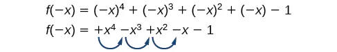 La función, f(-x)=(-x)^4+(-x)^3+(-x)^2+(-x)-1=+ x^4-x^3+x^2-x-1, tiene tres cambios de signo entre x^4 y x^3, x^3 y x^2, y x^2 y x.`