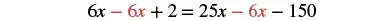 An algebraic equation: 6x - 6x + 2 = 25x - 6x - 150, with specific '6x' terms highlighted in red for emphasis.