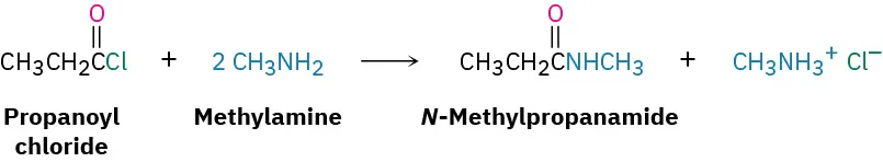 Propanoyl chloride reacts with two moles of methylamine, forming N-methylpropanamide and methylammonium chloride.