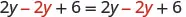 An algebraic identity: 2y - 2y + 6 = 2y - 2y + 6. The -2y on both sides is highlighted in red, showing how variables cancel out to leave 6 = 6.