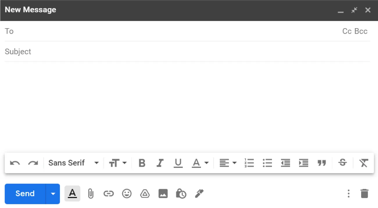 A Gmail screen is open. New Message reads across the top. A blue Send button is at the bottom left.