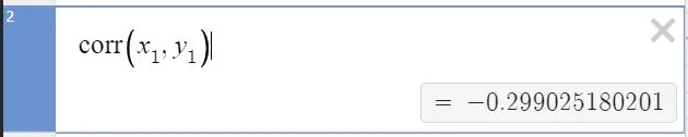 A Desmos window showing the input expression t0 calculate the correlation between x1 and y1 values. The display indicates the value for this data set equals negative 0.299025180201.